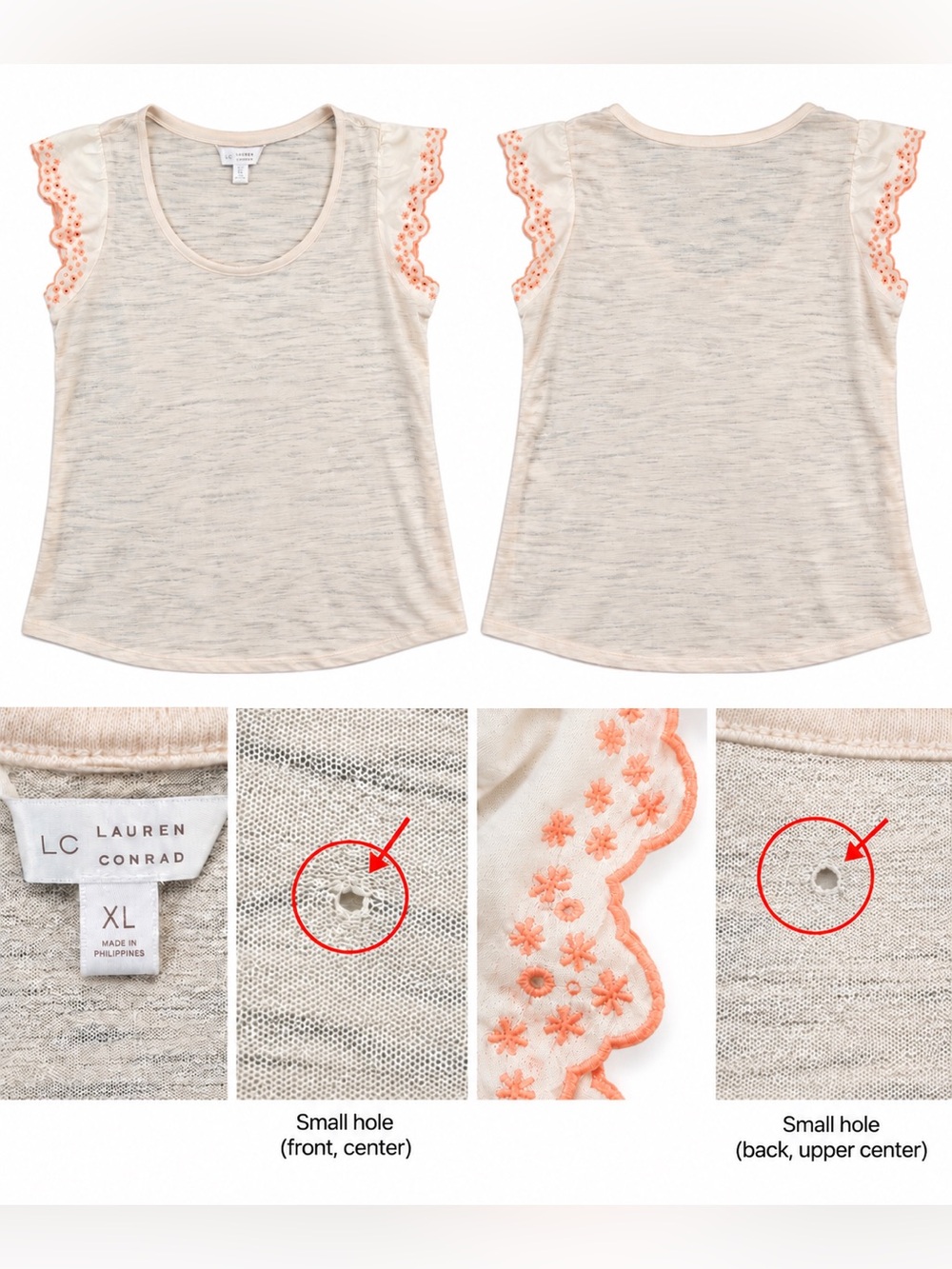 LC Lauren Conrad Pink Embroidered Flutter Sleeve Top Women’s XL